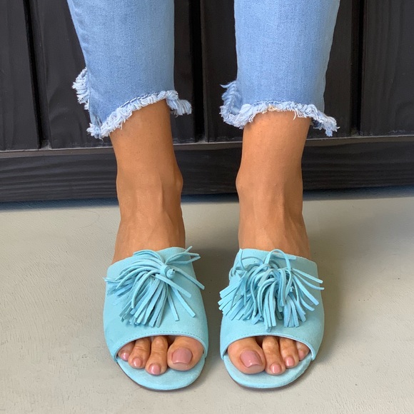 Turquoise Fringe Tassel Vamp Block Heel Mule Slide - Picture 2 of 6